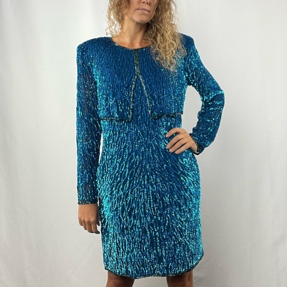 Vintage Scala Sequins Long Sleeve Mini‎ Dress in Blue Size Small